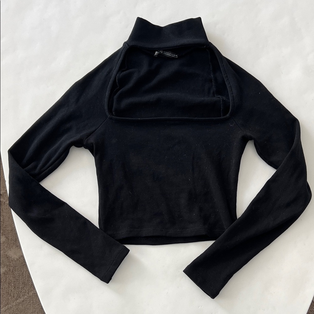 ZARA Black Longsleeve Square Neck Cuout Choker Knit Minimalist Top S - Picture 2 of 6